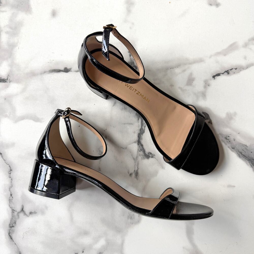 Stuart Weitzman Nudist Block 35 Black Patent Leather Sandals Size 9